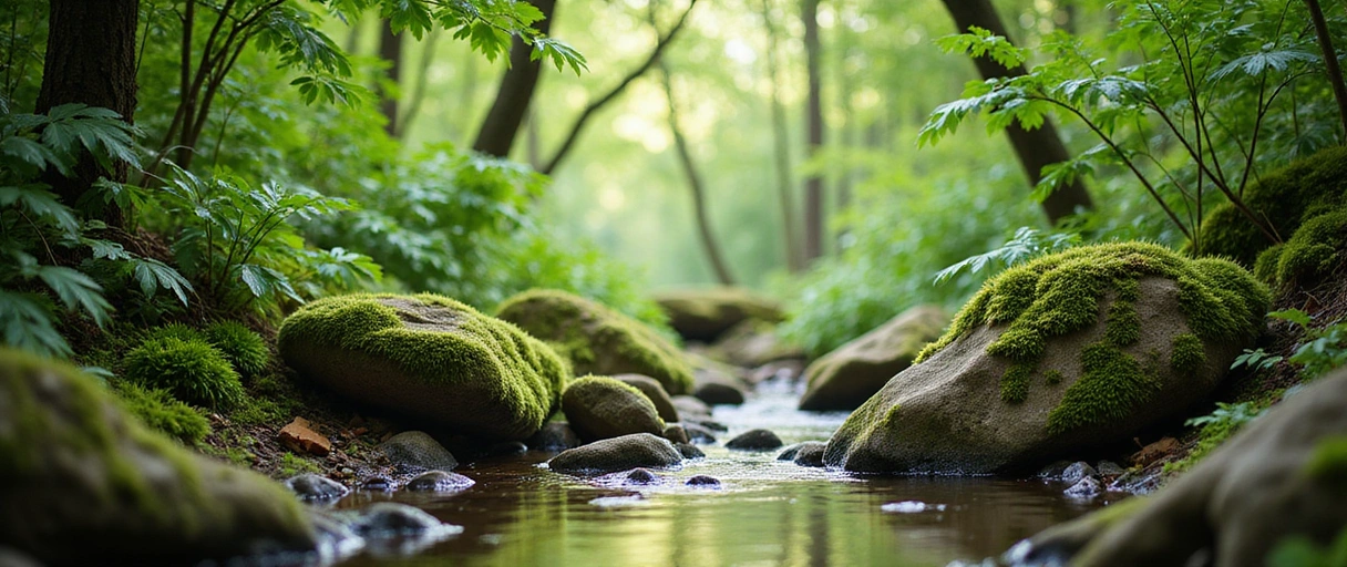 Serene natural landscape with fresh green foliage and soft natural light